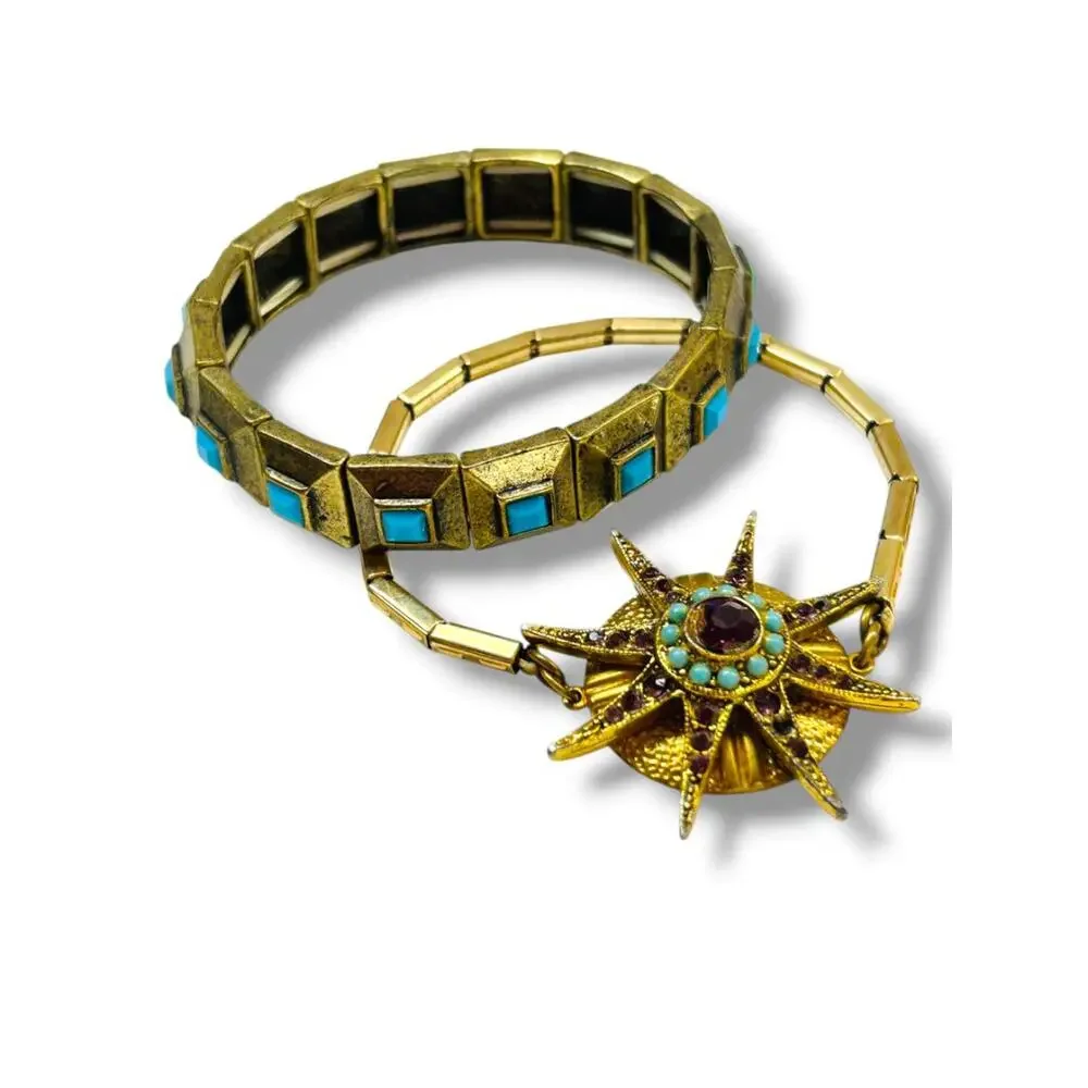 Set of 2 Goldtone Stretch Bracelets Faux Turquoise Starburst Retro Style